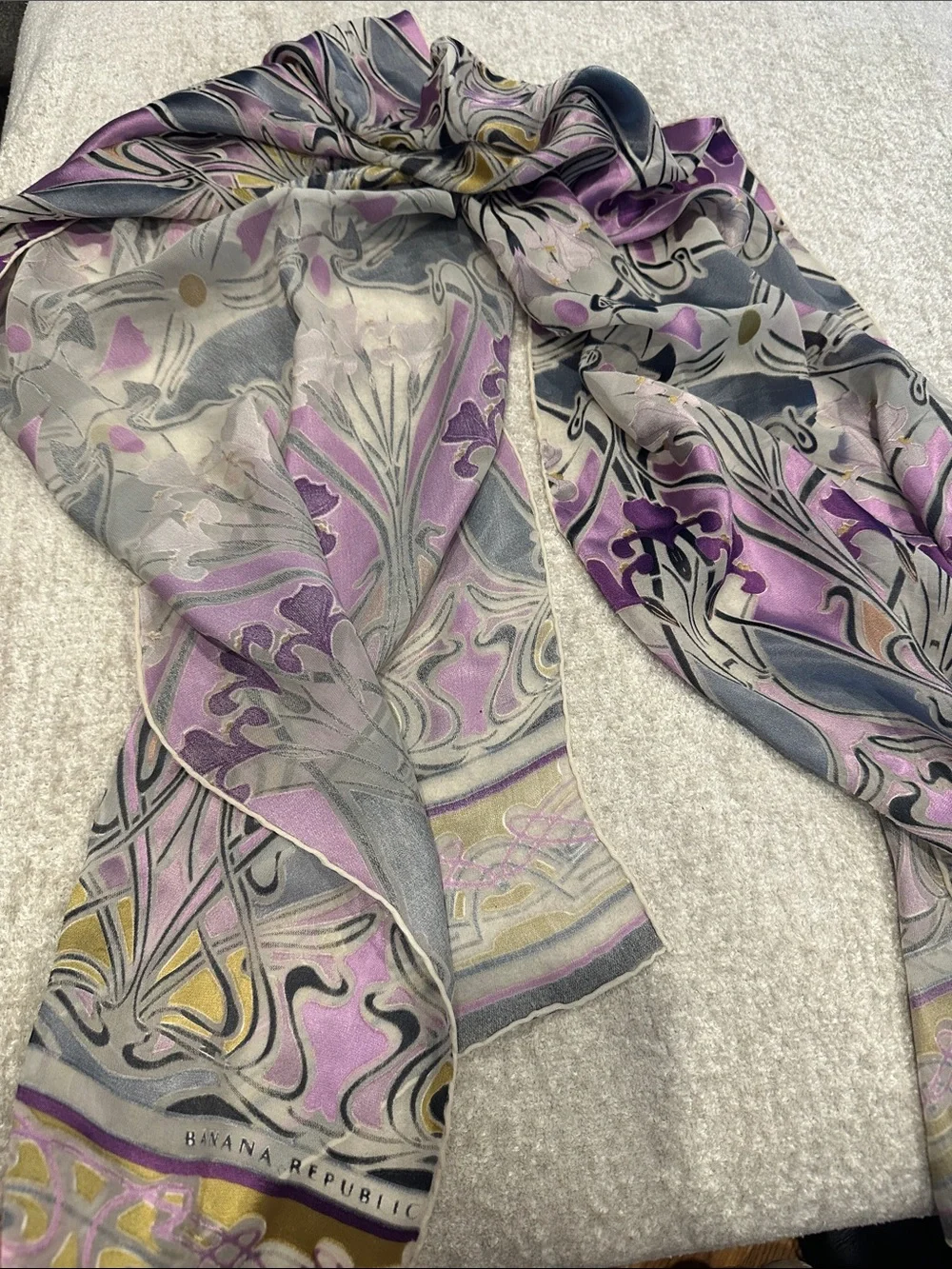 Banana Republic Purple, Gray & Gold Swirl Silk Scarf